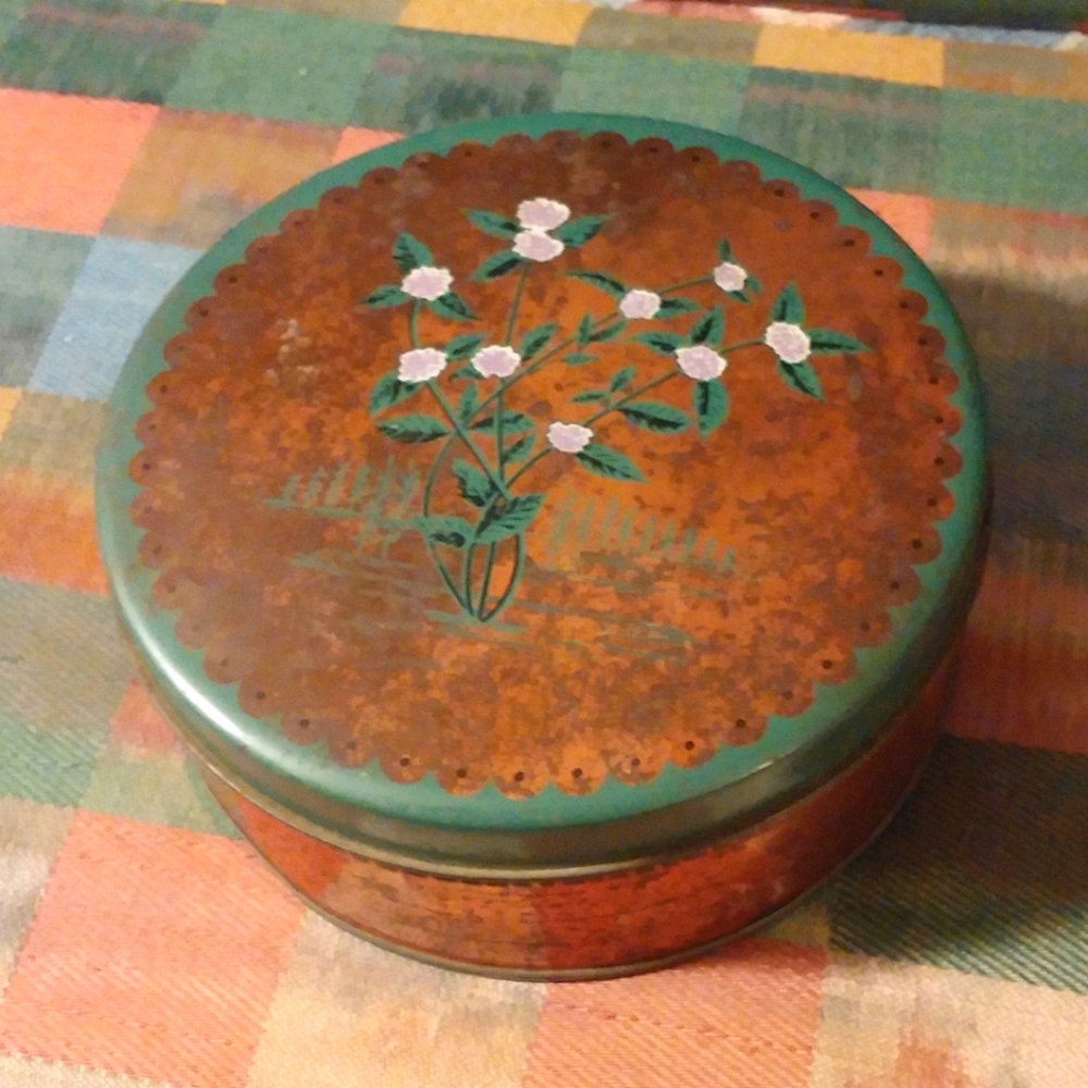 Vintage Copper Tin Storage Cherrydale Farms Mints Box Floral Top Gold, Green